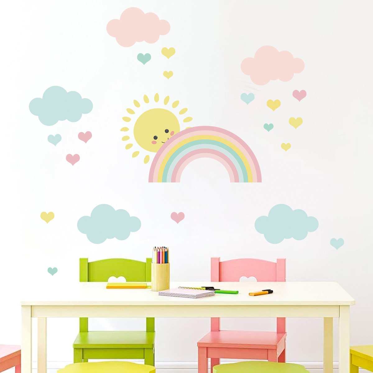 Cartoon Sun Rainbow Clouds Wal - Baby Nursery Decor Girl ulasan dan harga