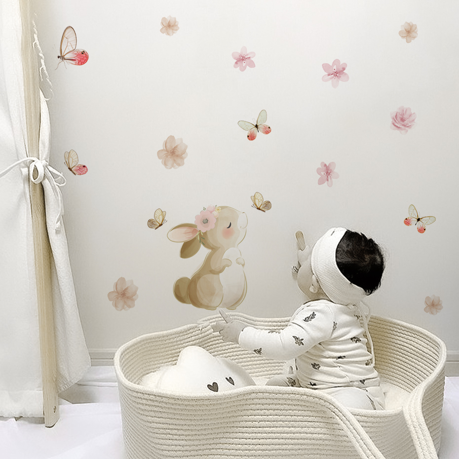 Cartoon Rabbit Flowers Butterf - Baby Nursery Decor Girl ulasan dan harga